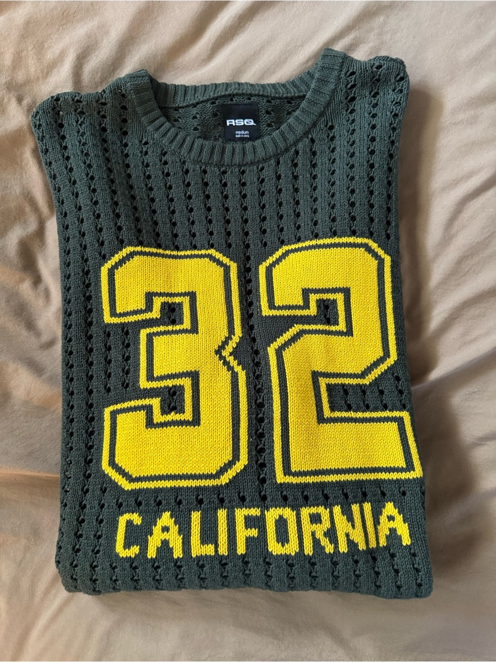 RSQ Olive Green Crewneck Sweater with Yellow '32' and California Intarsia
